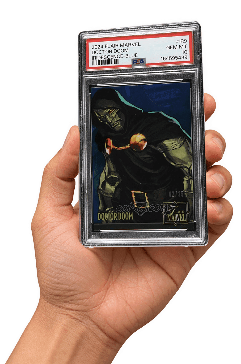 Hand holding Macklin Celebrini PSA 10 graded card