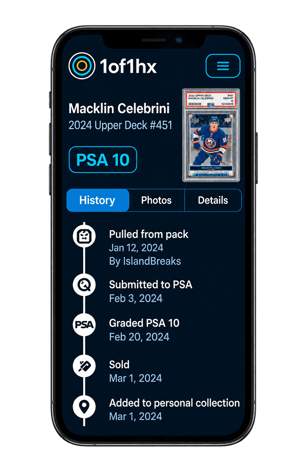 1of1hx mobile app — Macklin Celebrini provenance timeline