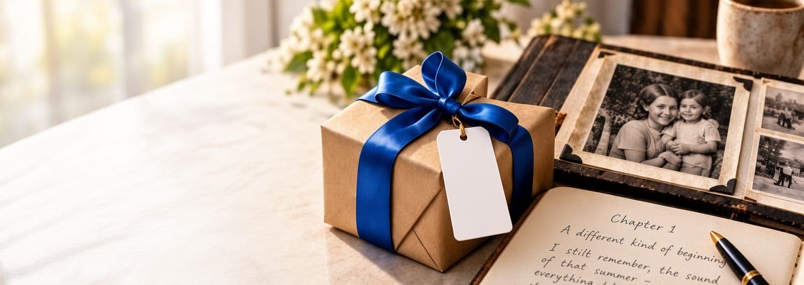 A gift tied with a blue ribbon beside an archival keepsake and personal handwritten history