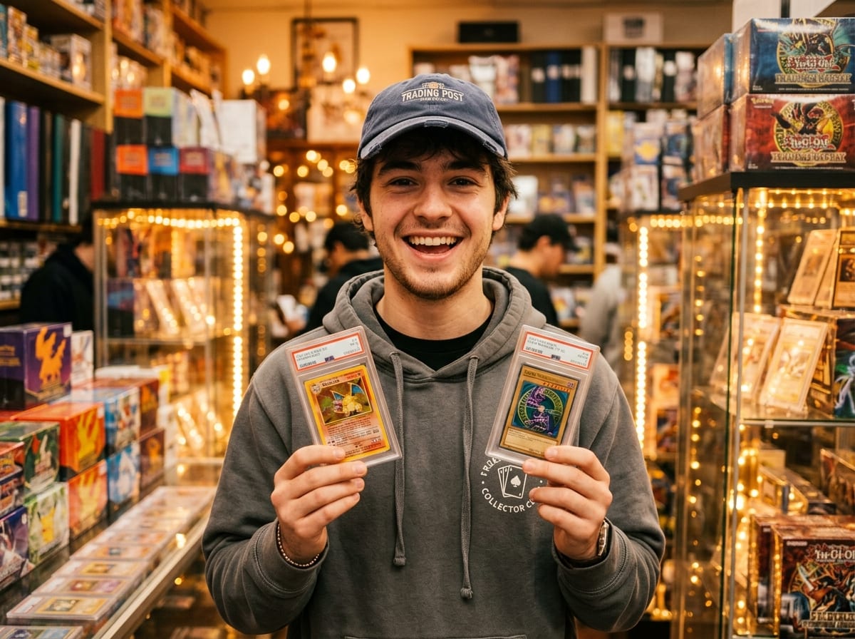 Excited collector holding graded cards in card shop