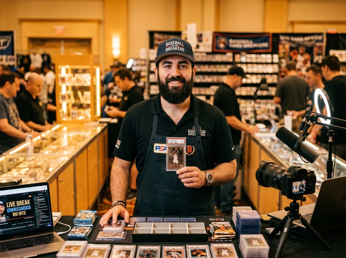 Card dealer and breaker with streaming equipment at card show