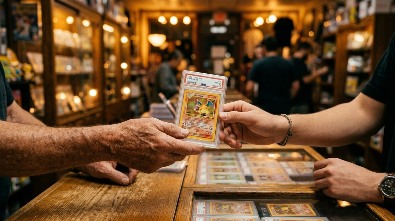 Two hands exchanging a PSA graded card slab in a card shop